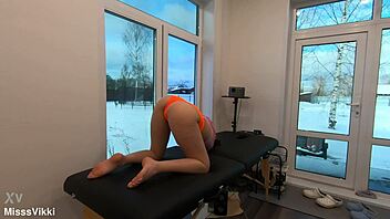 yoga stretch eases my back pain in sheer leggings 😩