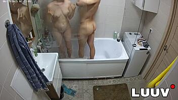 Luuv esteban and foxy shower flashing natural tits