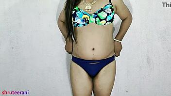 indian shemale crossdresses in blue bikini for steamy solo tease