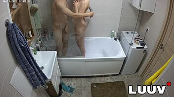 Luuv esteban and foxy shower flashing natural tits