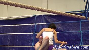 skinny lesbians dominate in boxing ring wrestling catfight 🥊