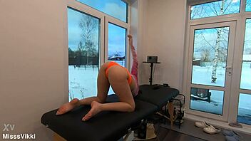 yoga stretch eases my back pain in sheer leggings 😩