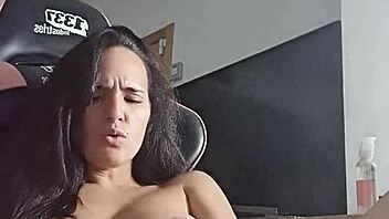 Dressed Leopard Claudia Bavel Fingers Dildo Masturbates Gaming Chair Closeup