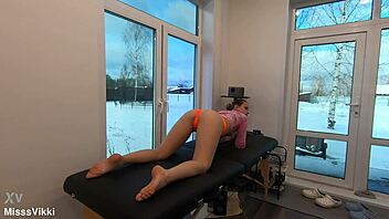 yoga stretch eases my back pain in sheer leggings 😩