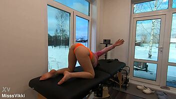 yoga stretch eases my back pain in sheer leggings 😩