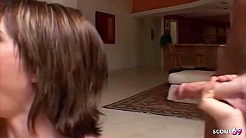 short hair girl's puffy tits bounce as she swallows five interracial loads in first blowbang