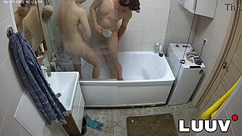 Luuv esteban and foxy shower flashing natural tits