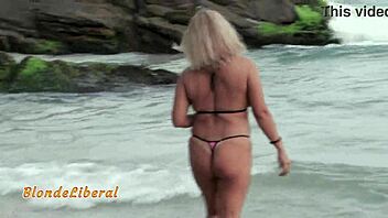 trailer trash blonde in microbikini flashes pussy and fucks stranger on beach