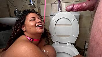 bbw brunette chokes on big black cock then golden shower toilet humiliation