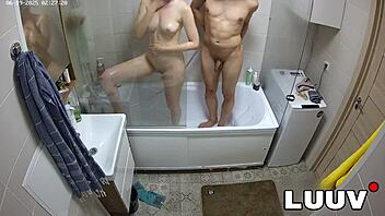 Luuv esteban and foxy shower flashing natural tits