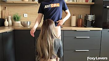 amateur couple fucks rough in kitchen blowjob doggystyle cum on belly