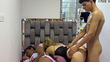 sensual amateur threesome sharing bed for passionate latina sex