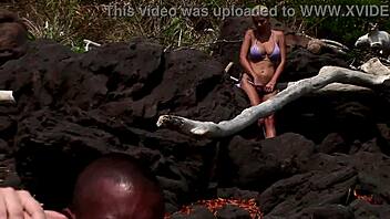 Watch sexy teen slut ride bbc outdoors as girl masturbates nearby