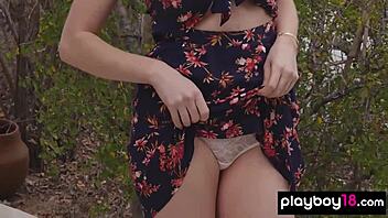 Ali Claire Teases Shaved Pussy Outdoors