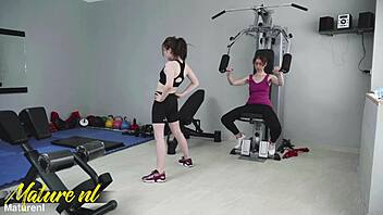 kira stone cheats with mature lady in gym scissoring session