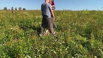 Wife takes lover's creampie missionary pounding in garden