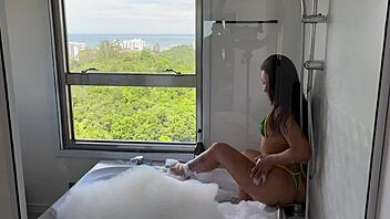 Perfect tourist babe rides cock cowgirl in sunset jacuzzi