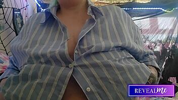 Busty chubby babe teases nipples clamps sloppy dildo titjob