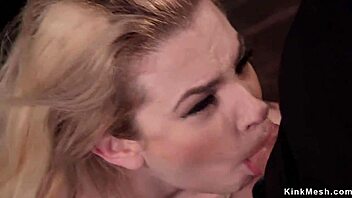 blonde bound in bdsm takes deepthroat choking anal whipping gangbang training