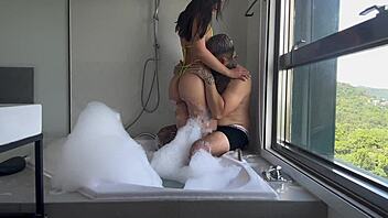 Perfect tourist babe rides cock cowgirl in sunset jacuzzi