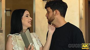 Shaved wife rides stranger's cock sideways while cuckold husband watches on sofa