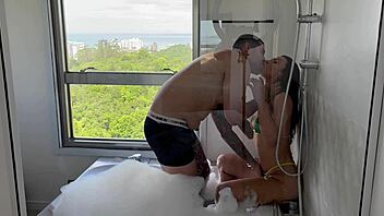 Perfect tourist babe rides cock cowgirl in sunset jacuzzi