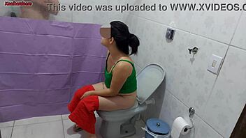 puts up bathroom curtain to watch curvy milf lick big cock