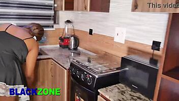 stepmom's juicy ebony belly shakes in kitchen close up pounding!