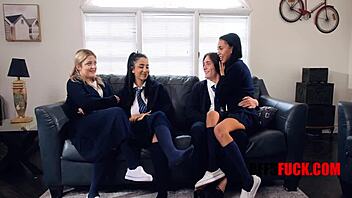 Inexperienced classmates lose virginity in wild uniform gangbang