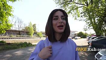 Ultra pretty Italian girl flashes pussy on street for cash sex interview