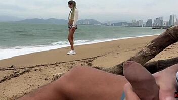 Public flashing babe helps you jerk off to explosive cumshot