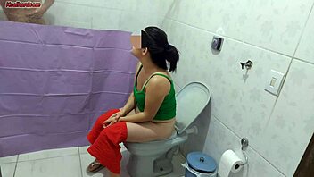 puts up bathroom curtain to watch curvy milf lick big cock