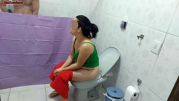 puts up bathroom curtain to watch curvy milf lick big cock