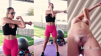 Glasses Blonde Milf's Curvy Fitness Workout Turns Pleasurably Athletic!