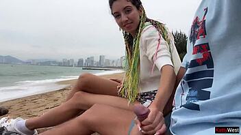 Public flashing babe helps you jerk off to explosive cumshot