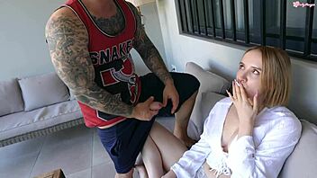 a well-endowed man delivers intense anal action to a stunning blonde beauty in doggystyle position