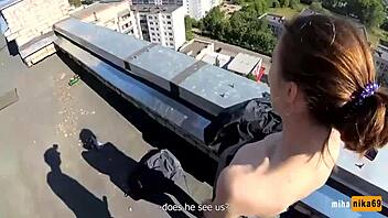 russian cutie climbs roof for thrilling outdoor fun