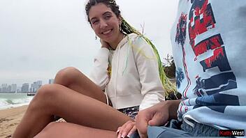 Public flashing babe helps you jerk off to explosive cumshot