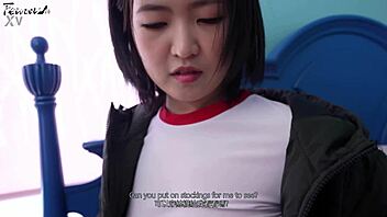 Pretty Korean girlfriend teases in black stockings