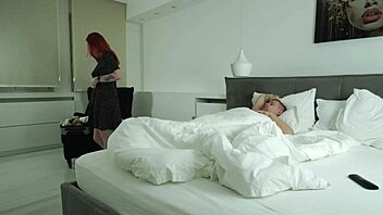 guy catches curvy redhead undressing leading to sauna fuck