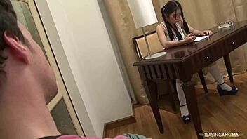 asian pigtail teen skips studying for teacher's hard cock pounding