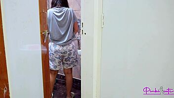 desi babe big pussy lips bent over bathroom doggystyle creampie after dirty talk blowjob