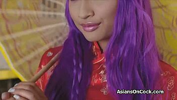 asian babe in satin cheongsam hints at riding fat cock