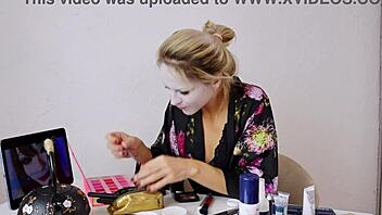 cute blonde slips into geisha costume for sexy roleplay makeup session