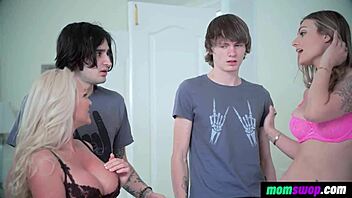 single milfs surprise college guys with orgy