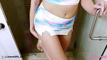 Hot brunette milf model strips in steamy shower casting