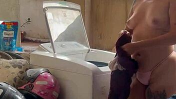 Neighbor spies chick washing with bare tits and fat pussy