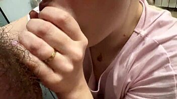 Blindfolded blonde wife gives ultimate close-up blowjob with cum on her face