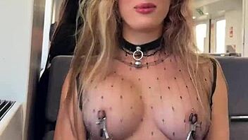 Sheer top nipple play on crowded train flashing pierced nips publicly