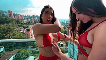 two latina sluts balcony threesome with horny american gringo in medellin